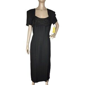 VTG Maggy London Black Soutache High-Shoulder Queen Anne Neck Maxi Dress NEW